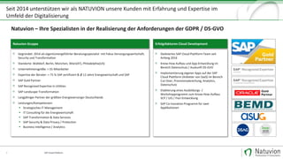 Seit 2014 unterstützen wir als NATUVION unsere Kunden mit Erfahrung und Expertise im
Umfeld der Digitalisierung
3
Gegründet: 2014 als eigentümergeführter Beratungsspezialist mit Fokus Versorgungswirtschaft,
Security und Transformation
Standorte: Walldorf, Berlin, München, Wien(AT), Philadelphia(US)
Unternehmensgröße: > 55 Mitarbeiter
Expertise der Berater: > 75 % SAP zertifiziert & Ø 12 Jahre Energiewirtschaft und SAP
SAP Gold Partner
SAP Recognized Expertise in Utilities
SAP Landscape Transformation
Langjähriger Partner der größten Energieversorger Deutschlands
Leistungen/Kompetenzen:
▪ Strategisches IT-Management
▪ IT Consulting für die Energiewirtschaft
▪ SAP Transformation & Data Services
▪ SAP Security & Data Privacy / Protection
▪ Business Intelligence / Analytics
Natuvion Gruppe
Dediziertes SAP Cloud Plattform Team seit
Anfang 2016
Know-How Aufbau und App-Entwicklung im
Bereich Datenschutz / Auskunft DS-GVO
Implementierung eigener Apps auf der SAP
Cloud Plattform (Anbieter von SaaS) im Bereich
Cut-Over, Provisionsabrechung, Analytics,
Datenschutz
Etablierung eines Ausbildungs- /
Workshopprogramm zum Know-How-Aufbau
SCP / UI5 / Fiori Entwicklung
SAP Co-Inovation Programm für zwei
Applikationen
Erfolgsfaktoren Cloud Development
Natuvion – Ihre Spezialisten in der Realisierung der Anforderungen der GDPR / DS-GVO
SAP Cloud Platform
 