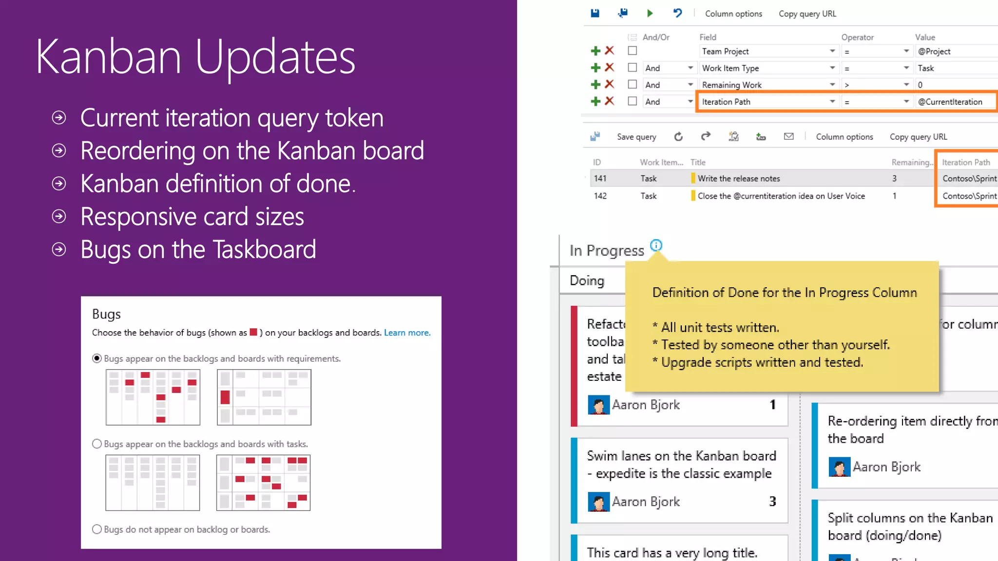 Kanban Updates
Current iteration query token
Reordering on the Kanban board
Kanban definition of done.
Responsive card sizes
Bugs on the Taskboard
 