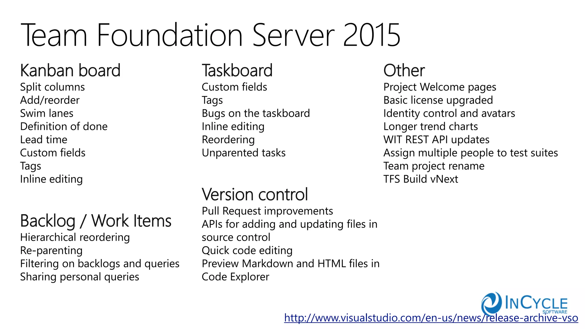 Kanban board
Backlog / Work Items
Taskboard
Version control
Other
http://www.visualstudio.com/en-us/news/release-archive-vso
 