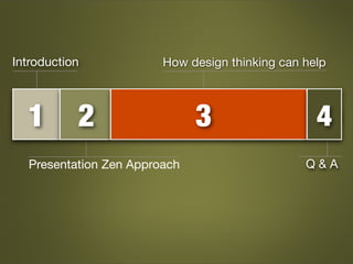 1
Introduction
2
How design thinking can help
3
Q & A
4
Presentation Zen Approach
 
