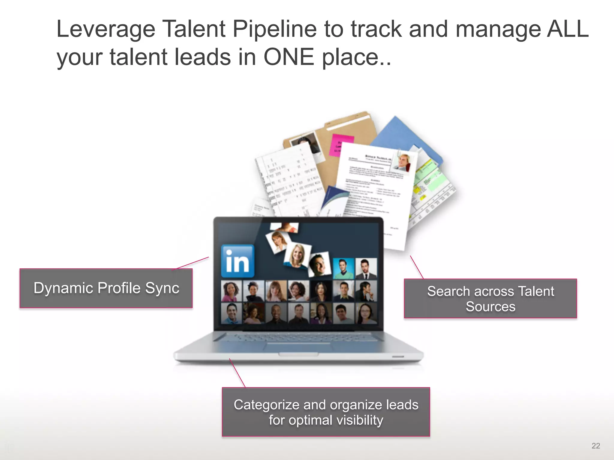 22
Leverage Talent Pipeline to track and manage ALL
your talent leads in ONE place..
Dynamic Profile Sync Search across Talent
Sources
Categorize and organize leads
for optimal visibility
 