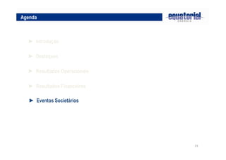 23
► Destaques
► Resultados Operacionais
Agenda
► Introdução
► Eventos Societários
► Resultados Financeiros
 