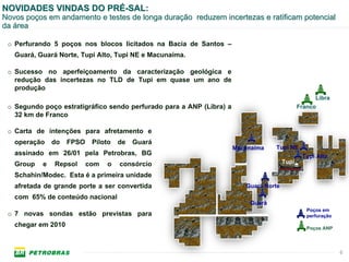 NOVIDADES VINDAS DO PRÉ-SAL:
PRODUÇÃO 2010
Novos poços em andamento e testes de longa duração reduzem incertezas e ratificam potencial
da área

 o Perfurando 5 poços nos blocos licitados na Bacia de Santos –
   Guará, Guará Norte, Tupi Alto, Tupi NE e Macunaíma.

 o Sucesso no aperfeiçoamento da caracterização geológica e
   redução das incertezas no TLD de Tupi em quase um ano de
   produção
                                                                                                    Libra
 o Segundo poço estratigráfico sendo perfurado para a ANP (Libra) a                           Franco
   32 km de Franco

 o Carta de intenções para afretamento e
   operação    do   FPSO    Piloto   de   Guará
                                                                      Macunaíma    Tupi NE
   assinado em 26/01 pela Petrobras, BG                                                        Tupi Alto
   Group   e   Repsol      com   o   consórcio                                         Tupi

   Schahin/Modec. Esta é a primeira unidade
   afretada de grande porte a ser convertida                             Guará Norte
   com 65% de conteúdo nacional
                                                                           Guará
                                                                                                 Poços em
 o 7 novas sondas estão previstas para                                                           perfuração
   chegar em 2010                                                                                Poços ANP



                                                                                                              6
 