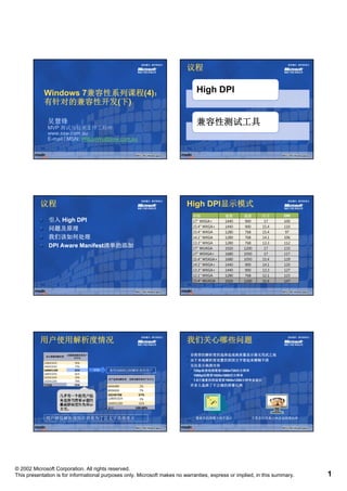 议程


            Windows 7兼容性系列课程(4)：
                    7兼容性系列课程(4)：                                              High DPI
            有针对的兼容性开发(
            有针对的兼容性开发(下)

              吴慧锋                                                             兼容性测试工具
              MVP 测试与技术支持工程师
              www.ssw.com.au
              E-mail / MSN: WilsonWu@ssw.com.au




          议程                                                              High DPI显示模式
                                                                               DPI显示模式
                                                                             介绍             宽度     高度      尺寸       DPI
              引入 High DPI                                                    17" WXGA+      1440    900     17      100
                                                                             15.4" WXGA+    1440    900    15.4     110
              问题及原理                                                          15.4" WXGA     1280    768    15.4     97
              我们该如何处理                                                        14.1" WXGA     1280    768    14.1     106
                                                                             13.3" WXGA     1280    768    13.3     112
              DPI Aware Manifest清单的添加
                        Manifest清单的添加                                        17" WUXGA      1920   1200     17      133
                                                                             17" WSXGA+     1680   1050     17      117
                                                                             15.4" WSXGA+   1680   1050    15.4     129
                                                                             14.1" WXGA+    1440    900    14.1     120
                                                                             13.3" WXGA+    1440    900    13.3     127
                                                                             12.1" WXGA     1280    768    12.1     123
                                                                             15.4" WUXGA    1920   1200    15.4     147




          用户使用解析度情况                                                       我们关心哪些问题
             显示器最高解析度
                        设置最高解析度用户                                          非推荐的解析度的选择造成高质量显示器无用武之地
                           百分比
                                                                           由于本地解析度设置的原因文字看起来模糊不清
            1280X1024      56%
            1400X1050      79%                                             无法显示高清内容
            1600X1200      32%      详细    使用1600X1200解析度的用户
                                          使用1600X1200解析度的用户                  720p高清视频需要1280x720的分辨率
                                                                             720p高清视频需要1280x720的分辨率
            1680X1050      66%
                                                                             1080p则需要1920x1080的分辨率
                                                                             1080p则需要1920x1080的分辨率
            1920X1050      39%
                                         用户选择的解析度    选择该解析度用户百分比
            1920X1200      78%                                               1.9万像素的照面需要1600x1200分辨率来显示
                                                                             1.9万像素的照面需要1600x1200分辨率来显示
            平均值            55%                                             许多人选择了不正确的屏幕比例
                                         640X480          1%
                                         800X600          7%
                                         1024X768        57%
                                         1280X1024        3%
                                         1600X1200       32%
                                         总计            100.00%


             用户降低解析度的目的是为了让文字显得更大                                             像素化的图像不利于显示             不推荐的屏幕比例造成图像拉伸




© 2002 Microsoft Corporation. All rights reserved.
This presentation is for informational purposes only. Microsoft makes no warranties, express or implied, in this summary.   1
 