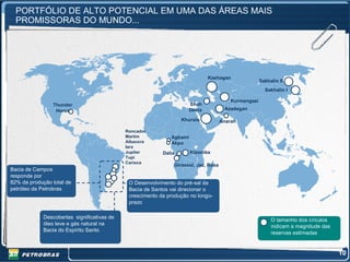 PORTFÓLIO DE ALTO POTENCIAL EM UMA DAS ÁREAS MAIS
  PROMISSORAS DO MUNDO...




                                                                             Kashagan
                                                                                                      Sakhalin II
                                                                                                        Sakhalin I

                                                                                         Kurmangazi
                Thunder                                              Shah
                 Horse                                               Deniz            Azadegan

                                                                   Khurais           Anaran

                                             Roncador
                                             Marlim           Agbami
                                             Albacora         Akpo
                                             Iara
                                             Jupiter       Dalia       Kizomba
                                             Tupi
                                             Carioca
                                                               Girassol, Jaz, Rosa
Bacia de Campos
responde por
82% da produção total de                      O Desenvolvimento do pré-sal da
petróleo da Petrobras                         Bacia de Santos vai direcionar o
                                              crescimento da produção no longo-
                                              prazo

             Descobertas significativas de
                                                                                                           O tamanho dos círculos
             óleo leve e gás natural na                                                                    indicam a magnitude das
             Bacia do Espírito Santo
                                                                                                           reservas estimadas


                                                                                                                                     10
 