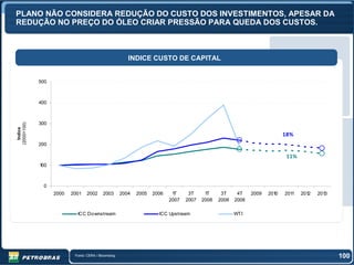 PLANO NÃO CONSIDERA REDUÇÃO DO CUSTO DOS INVESTIMENTOS, APESAR DA
REDUÇÃO NO PREÇO DO ÓLEO CRIAR PRESSÃO PARA QUEDA DOS CUSTOS.



                                                        INDICE CUSTO DE CAPITAL


             500



             400



             300
(2000=100)
  Indice




                                                                                                                           18%
             200

                                                                                                                            11%
             100



              0
                   2000   2001   2002      2003      2004   2005   2006    1T     3T     1T     3T     4T    2009   2010   2011   2012   2013
                                                                          2007   2007   2008   2008   2008

                            ICC Do wnstream                          ICC Upstream                     WTI




                           Fonte: CERA / Bloomberg                                                                                              100
 