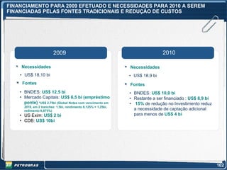 FINANCIAMENTO PARA 2009 EFETUADO E NECESSIDADES PARA 2010 A SEREM
FINANCIADAS PELAS FONTES TRADICIONAIS E REDUÇÃO DE CUSTOS




                         2009                                                   2010

     Necessidades                                               Necessidades
    • US$ 18,10 bi                                              • US$ 18,9 bi
     Fontes                                                     Fontes
    • BNDES: US$ 12,5 bi                                        • BNDES: US$ 10,0 bi
    • Mercado Capitais: US$ 6,5 bi (empréstimo                  • Restante a ser financiado : US$ 8,9 bi
      ponte) *US$ 2,75bi (Global Notes com vencimento em        • 15% de redução no Investimento reduz
      2019, em 2 tranches: 1,5bi, rendimento 8,125% + 1,25bi,
      redimento 6,875%)                                           a necessidade de captação adicional
    • US Exim: US$ 2 bi                                           para menos de US$ 4 bi
    • CDB: US$ 10bi




                                                                                                           102
 