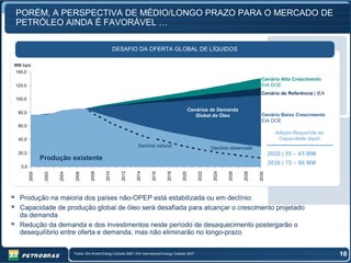 PORÉM, A PERSPECTIVA DE MÉDIO/LONGO PRAZO PARA O MERCADO DE
PETRÓLEO AINDA É FAVORÁVEL …

                                                        DESAFIO DA OFERTA GLOBAL DE LÍQUIDOS

MM bpd
140,0
                                                                                                                                           Cenário Alto Crescimento
120,0                                                                                                                                      EIA DOE
                                                                                                                                           Cenário de Referência | IEA
100,0

                                                                                                         Cenários de Demanda
 80,0
                                                                                                            Global de Óleo                 Cenário Baixo Crescimento
                                                                                                                                           EIA DOE
 60,0
                                                                                                          Observed decline
                                                                                                                                                   Adição Requerida de
 40,0                                                                                                                                               Capacidade (bpd)
                                                                   Natural decline
                                                                    Declínio natural                                Declínio observado
 20,0                                                                                                                                            2020 | 55 – 65 MM
               Produção existente
                   Existing production
                                                                                      Existing production                                        2030 | 75 – 90 MM
  0,0
                                                 2010


                                                           2012


                                                                     2014




                                                                                                                     2024


                                                                                                                            2026
                                        2008




                                                                              2016


                                                                                        2018


                                                                                                  2020


                                                                                                             2022




                                                                                                                                   2028
                              2006
        2000


                2002


                       2004




                                                                                                                                          2030
  Produção na maioria dos países não-OPEP está estabilizada ou em declínio
  Capacidade de produção global de óleo será desafiada para alcançar o crescimento projetado
  da demanda
  Redução da demanda e dos investimentos neste período de desaquecimento postergarão o
  desequilíbrio entre oferta e demanda, mas não eliminarão no longo-prazo


                              Fonte: IEA World Energy Outlook 2007, EIA International Energy Outlook 2007                                                                16
 