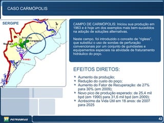 CASO CARMÓPOLIS


SERGIPE             CAMPO DE CARMÓPOLIS: Iniciou sua produção em
                    1963 e é hoje um dos exemplos mais bem-sucedidos
                    na adoção de soluções alternativas.

                    Neste campo, foi introduzido o conceito de “rigless”,
                    que substitui o uso de sondas de perfuração
                    convencionais por um conjunto de guindastes e
                    equipamentos especiais na atividade de fraturamento
                    hidráulico do poço.



                    EFEITOS DIRETOS:
                       Aumento da produção;
                       Redução do custo do poço;
                       Aumento do Fator de Recuperação: de 27%
                       para 30% (em 2009);
                       Novo pico de produção esperado: de 25,4 mil
                       bpd (em 1990) para 31,6 mil bpd (em 2009);
                       Acréscimo da Vida Útil em 18 anos: de 2007
                       para 2025


                                                                            42
 