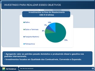 INVESTINDO PARA REALIZAR ESSES OBJETIVOS


                                   Investimentos na Área de Abastecimento
                                              US$ 47,8 bilhões


                          Refino                        12%
                                                   7%

                          Dutos e Terminais
                                                 8%


                          Tranporte Marítimo

                                                                        73%

                          Petroquímica




• Agregando valor ao petróleo pesado doméstico e produzindo diesel e gasolina nos
padrões internacionais;
• Investimentos focados em Qualidade dos Combustíveis, Conversão e Expansão.



                Nota: Não inclui internacional                                      63
 