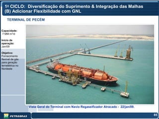 1o CICLO: Diversificação do Suprimento & Integração das Malhas
  (B) Adicionar Flexibilidade com GNL
    TERMINAL DE PECÉM


Capacidade:
7 MM m3/d

Início de
operação:
Jan/09

Objetivo:
Fornecimento
flexível de gás
para geração
ternelétrica no
Nordeste




                  Vista Geral do Terminal com Navio Regaseificador Atracado - 22/jan/09.

                                                                                           85
 