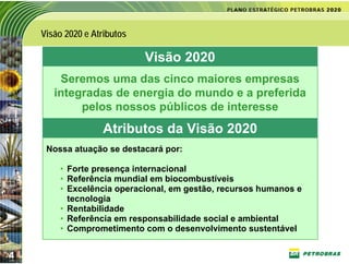 Visão 2020 e Atributos

                             Visão 2020
        Seremos uma das cinco maiores empresas
       integradas de energia do mundo e a preferida
            pelos nossos públicos de interesse
                   Atributos da Visão 2020
     Nossa atuação se destacará por:

        • Forte presença internacional
        • Referência mundial em biocombustíveis
        • Excelência operacional, em gestão, recursos humanos e
          tecnologia
        • Rentabilidade
        • Referência em responsabilidade social e ambiental
        • Comprometimento com o desenvolvimento sustentável


4
 