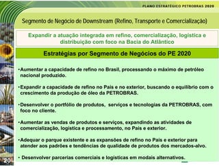 Segmento de Negócio de Downstream (Refino, Transporte e Comercialização)

         Expandir a atuação integrada em refino, comercialização, logística e
                     distribuição com foco na Bacia do Atlântico

               Estratégias por Segmento de Negócios do PE 2020

     •Aumentar a capacidade de refino no Brasil, processando o máximo de petróleo
      nacional produzido.

     •Expandir a capacidade de refino no País e no exterior, buscando o equilíbrio com o
      crescimento da produção de óleo da PETROBRAS.

     •Desenvolver o portfólio de produtos, serviços e tecnologias da PETROBRAS, com
      foco no cliente.

     •Aumentar as vendas de produtos e serviços, expandindo as atividades de
      comercialização, logística e processamento, no País e exterior.

     •Adequar o parque existente e as expansões de refino no País e exterior para
      atender aos padrões e tendências de qualidade de produtos dos mercados-alvo.

     • Desenvolver parcerias comerciais e logísticas em modais alternativos.
20
 