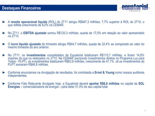 A  receita operacional líquida  (ROL) do 2T11 atingiu R$467,3 milhões, 7,7% superior à ROL do 2T10, o que reflete crescimento de 8,0% na CEMAR. No 2T11, o  EBITDA ajustado  somou R$120,3 milhões, queda de 17,0% em relação ao valor apresentado no 2T10. O  lucro líquido ajustado  do trimestre atingiu R$44,7 milhões, queda de 22,4% se comparado ao valor do mesmo trimestre do ano anterior. No 2T11, os  investimentos  consolidados da Equatorial totalizaram R$110,7 milhões, e foram 14,8% maiores do que os realizados no 2T10. Na CEMAR (excluindo investimentos diretos no Programa Luz para Todos - PLPT), os investimentos totalizaram R$63,8 milhões, crescimento de 47,1%. Já os investimentos do PLPT somaram R$46,8 milhões. Conforme anunciamos na divulgação de resultados, foi contratada a  Ernst & Young  como nossos auditores independentes. Conforme Fato Relevante divulgado hoje, a Equatorial deverá  aportar R$6,0 milhões  no capital da  SOL Energias  – comercializadora de energia – para deter 51,0% do seu capital total. Destaques Financeiros 