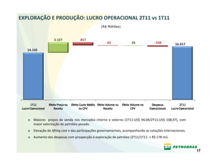 EXPLORAÇÃO E PRODUÇÃO: LUCRO OPERACIONAL 2T11 vs 1T11
                                                     (R$ Milhões)



                    3.107             ‐857
                                                        ‐65               28              ‐338          16.017
   14.142




   o Maiores    preços  de  venda  nos  mercados  interno  e  externo  (1T11:US$  94,04/2T11:US$  108,97),  com  
     maior valorização do petróleo pesado.
   o Elevação do lifting cost e das participações governamentais, acompanhando as cotações internacionais.
   o Aumento das despesas com prospecção e exploração de petróleo (2T11/1T11: + R$ 178 mi).


                                                                                                                    17
 