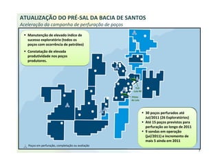 ATUALIZAÇÃO DO PRÉ‐SAL DA BACIA DE SANTOS
Aceleração da campanha de perfuração de poços

  Manutenção de elevado índice de 
   sucesso exploratório (todos os 
   poços com ocorrência de petróleo)
  Constatação de elevada 
   produtividade nos poços 
   produtores.




                                                          TLD 
                                                   ‘     Lula NE

                                                       Piloto 
                                                       de Lula



                                                                  30 poços perfurados até
                                                                  30 poços perfurados até
                                                                   Jul/2011 (26 Exploratórios)
                                                                   Jul/2011 (26 Exploratórios)
                                                                  Até 15 poços previstos para 
                                                                  Até 15 poços previstos para 
                                                                   perfuração ao longo de 2011
                                                                   perfuração ao longo de 2011
                                                                  9 sondas em operação 
                                                                  9 sondas em operação 
                                                                   (jul/2011) e incremento de 
                                                                   (jul/2011) e incremento de 
                                                                   mais 5 ainda em 2011
                                                                   mais 5 ainda em 2011
   Poços em perfuração, completação ou avaliação                                              7

                                                                                                  7
 