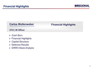 14
Financial Highlights
 Cash Burn
 Financial Highlights
 Capital Structure
 Deferred Results
 DIRR3 Stock Analysis
Financial HighlightsCarlos Wollenweber
CFO | IR Officer
 