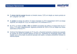 Destaques Operacionais




 ► O volume total de energia faturada no trimestre cresceu 12,5% em relação ao mesmo período em
   2011, atingindo 1.201 GWh.

 ► As perdas de energia dos últimos 12 meses encerrados no 2T12 representaram 20,4% da energia
   requerida, com redução de 1,0 p.p. em relação aos 21,4% verificados no 2T11.

 ► No 2T12, os índices de DEC e FEC da CEMAR (acumulados dos últimos 12 meses) foram de 21,7
   horas e 11,6 vezes, respectivamente, registrando aumentos de 10,6% e 0,2% em relação aos índices
   observados ao final do 2T11.

 ► Conforme Fato Relevante divulgado em 27 de junho, a Equatorial apresentou proposta para aquisição
   do controle da CELPA (Centrais Elétricas do Pará S.A.), atualmente em recuperação judicial. Cabe
   ressaltar que a consumação da potencial aquisição está sujeita a condições precedentes indicadas na
   referida proposta.




                                                                                                         6
 