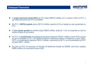 Destaques Financeiros



► A receita operacional líquida (ROL) do 2T12 atingiu R$570,8 milhões, 22,1% superior à ROL do 2T11, o
  que reflete crescimento de 19,7% na CEMAR.

► No 2T12, o EBITDA ajustado somou R$115,2 milhões, queda de 4,3% em relação ao valor apresentado no
  2T11.

► O lucro líquido ajustado do trimestre atingiu R$38,8 milhões, queda de 11,6% se comparado ao valor do
  mesmo trimestre do ano anterior.

► No 2T12, os investimentos consolidados da Equatorial totalizaram R$138,1 milhões e foram 24,8% maiores
  do que os realizados no 2T11. Na CEMAR (excluindo investimentos diretos no Programa Luz para Todos -
  PLPT), os investimentos totalizaram R$101,0 milhões, crescimento de 58,1%. Já os investimentos do PLPT
  somaram R$37,1 milhões.

► Em junho de 2012, foi concluída a 4ª Emissão de Debêntures Simples da CEMAR, onde foram captados
  R$280 milhões, com vencimento final em 2020.




                                                                                                       7
 