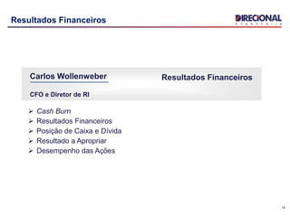 14
Resultados Financeiros
 Cash Burn
 Resultados Financeiros
 Posição de Caixa e Dívida
 Resultado a Apropriar
 Desempenho das Ações
Resultados FinanceirosCarlos Wollenweber
CFO e Diretor de RI
 