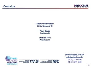 23
Contatos
Carlos Wollenweber
CFO e Diretor de RI
Paulo Sousa
Analista de RI
Cristiano Faria
Analista de RI
www.direcional.com.b/ri
ri@direcional.com.br
(55 31) 3214-6200
(55 31) 3214-6450
 