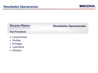 6
Resultados Operacionais
 Lançamentos
 Vendas
 Entregas
 Land Bank
 Estoque
Resultados OperacionaisRicardo Ribeiro
Vice Presidente
 