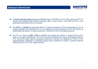 6
Destaques Operacionais
► O volume total de energia faturada da CEMAR atingiu 1.250 GWh no 2T13, 4,2% superior ao 2T12. O
volume total distribuído pela CELPA (mercados cativo e livre) somou 1.759 GWh no 2T13, o que
representa crescimento de 6,4% no período.
► Na CEMAR, as perdas de energia dos últimos 12 meses encerrados no 2T13 representaram 21,1% da
energia requerida, com aumento de 0,7 p.p. em relação aos 20,4% verificados no 2T12. Na CELPA, as
perdas totais dos últimos 12 meses encerraram o trimestre em 36,4% da energia requerida.
► No 2T13, os índices de DEC e FEC da CEMAR (acumulados dos últimos 12 meses) foram de 20,1
horas e 10,9 vezes, reduções de 7,7% e 5,6% quando comparados aos índices observados ao final do
2T12. Na CELPA, estes mesmos indicadores encerraram o período com melhoras de 17,8% e 13,3%,
respectivamente. Analisando os indicadores apenas para o trimestre na CELPA, é possível observar
melhoras de 28,1% e 17,3%, respectivamente.
 