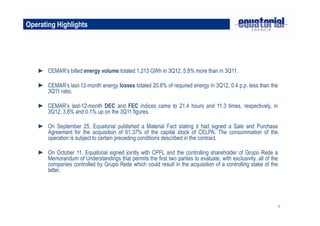 Operating Highlights




   ► CEMAR’s billed energy volume totaled 1,213 GWh in 3Q12, 5.8% more than in 3Q11.

   ► CEMAR’s last-12-month energy losses totaled 20.8% of required energy in 3Q12, 0.4 p.p. less than the
     3Q11 ratio.

   ► CEMAR’s last-12-month DEC and FEC indices came to 21.4 hours and 11.3 times, respectively, in
     3Q12, 3.8% and 0.1% up on the 3Q11 figures.

   ► On September 25, Equatorial published a Material Fact stating it had signed a Sale and Purchase
     Agreement for the acquisition of 61.37% of the capital stock of CELPA. The consummation of the
     operation is subject to certain preceding conditions described in the contract.

   ► On October 11, Equatorial signed jointly with CPFL and the controlling shareholder of Grupo Rede a
     Memorandum of Understandings that permits the first two parties to evaluate, with exclusivity, all of the
     companies controlled by Grupo Rede which could result in the acquisition of a controlling stake of the
     latter.




                                                                                                                 6
 
