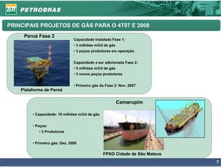 PRINCIPAIS PROJETOS DE GÁS PARA O 4T07 E 2008
     Peroá Fase 2
                                Capacidade Instalada Fase 1:
                                • 3 milhões m3/d de gás
                                • 3 poços produtores em operação


                                Capacidade a ser adicionada Fase 2:
                                • 5 milhões m3/d de gás
                                • 3 novos poços produtores


                                • Primeiro gás da Fase 2: Nov. 2007
    Plataforma de Peroá

                                                          Camarupim

         • Capacidade: 10 milhões m3/d de gás


         • Poços:
            • 3 Produtores


         • Primeiro gás: Dez. 2008

                                                FPSO Cidade de São Mateus
                                                                            7
 