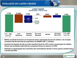 EVOLUÇÃO DO LUCRO LÍQUIDO

                                                LUCRO LÍQUIDO
                                       (R$ MILHÕES - 2T09 VS 3T09)

         7.734       (3.649)       3.168              (63)         (836)       949            7.303

                                                  Hedge
                                    533
                                   1.677          Variação
                                                  Monetária
                                                   Líquida




     2º Tri - 2009     Lucro       Resultado       Part. Invest.              Part. Acion.   3º Tri - 2009
                                                                   Impostos
      Lucro Líq.     Operacional   Financeiro      Relevantes                 Não Control.   Lucro Líq.


•    Melhor resultado financeiro em função da menor valorização da taxa de câmbio e da variação
     monetária líquida derivada do empréstimo do BNDES (R$ 1,7 bilhões)
•    Aumento do Imposto devido ao maior benefício fiscal do JCP e maior recuperação de créditos
     fiscais nas atividades exploratórias e prejuízos fiscais no exterior no 2T09
•    Redução na participação dos acionistas não controladores devido à menor ganho cambial sobre
     a dívida das SPEs



13
 