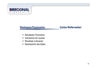 Agenda
DestaquesFinanceiros Carlos Wollenweber
Resultados Financeiros
10
Resultados Financeiros
Indicadores de Liquidez
Resultado a Apropriar
Desempenho das Ações
 