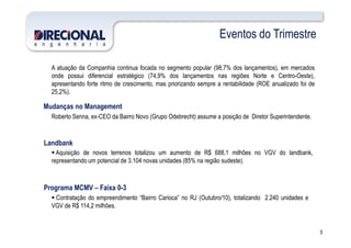 Eventos do Trimestre
Mudanças no Management
Roberto Senna, ex-CEO da Bairro Novo (Grupo Odebrecht) assume a posição de Diretor Superintendente.
A atuação da Companhia continua focada no segmento popular (98,7% dos lançamentos), em mercados
onde possui diferencial estratégico (74,9% dos lançamentos nas regiões Norte e Centro-Oeste),
apresentando forte ritmo de crescimento, mas priorizando sempre a rentabilidade (ROE anualizado foi de
25,2%).
3
Landbank
Programa MCMV – Faixa 0-3
Aquisição de novos terrenos totalizou um aumento de R$ 688,1 milhões no VGV do landbank,
representando um potencial de 3.104 novas unidades (85% na região sudeste).
Contratação do empreendimento “Bairro Carioca” no RJ (Outubro/10), totalizando 2.240 unidades e
VGV de R$ 114,2 milhões.
 