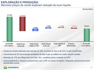EXPLORAÇÃO E PRODUÇÃO:
Menores preços de venda explicam redução do lucro líquido
                                                                                                    (R$ MILHÕES)


       57.232          (33.093)




                                                        3.050            (1.195)         (1.711)      29.972
                                       5.689




    Jan-Dez/08     Efeito Preço    Efeito Custo   Efeito Volume   Efeito Volume no  Despesas        Jan-Dez/09
   Lucro Operac.    na Receita    médio no CPV      na Receita           CPV       Operacionais    Lucro Operac.


o Queda da receita explicada pela redução de 30% no preço do óleo e de 44% no gás transferidos
o Crescimento de 5% da produção doméstica de óleo e gás se refletiu em maior volume vendido
o Redução de 17% do Lifting Cost com Part. Gov. contribuiu para a redução do CPV
o Desconsiderando a despesa extraordinária com a PE no campo de Marlim, despesas operacionais teriam
  apresentado queda

                                                                                                               29
 