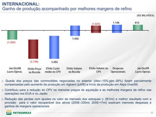 INTERNACIONAL:
Ganho de produção acompanhado por melhores margens de refino
                                                                                                   (R$ MILHÕES)


                                                                    (1.025)         1.146         813




                                                      1.452
   (1.294)




                     (2.748)           3.282

    Jan-Dez/08     Efeito Preço    Efeito Custo   Efeito Volume   Efeito Volume no  Despesas       Jan-Dez/09
   Lucro Operac.    na Receita    médio no CPV      na Receita           CPV       Operacionais   Lucro Operac.


o Queda dos preços das commodities negociadas no exterior (óleo:-15%;gás:-26%) foram parcialmente
  compensadas pelo aumento da produção em Agbami (jul08) e início da produção em Akpo (mar09)
o Contribuiu para a redução do CPV os menores preços de aquisição e as melhores margens de refino nas
  operações nos EUA e no Japão
o Redução das perdas com ajustes no valor de mercado dos estoques (- 261mi) e melhor resultado com a
  provisão para o valor recuperável dos ativos (2008:-330mi; 2009:+7mi) explicam menores despesas e
  ganhos de margens operacionais

                                                                                                              33
 