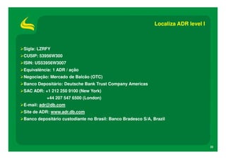 Localiza ADR level I



Sigla: LZRFY
CUSIP: 53956W300
ISIN: US53956W3007
Equivalência: 1 ADR / ação
Negociação: Mercado de Balcão (OTC)
Banco Depositário: Deutsche Bank Trust Company Americas
SAC ADR: +1 212 250 9100 (New York)
          +44 207 547 6500 (London)
E-mail: adr@db.com
Site de ADR: www.adr.db.com
Banco depositário custodiante no Brasil: Banco Bradesco S/A, Brazil




                                                                                     22
 