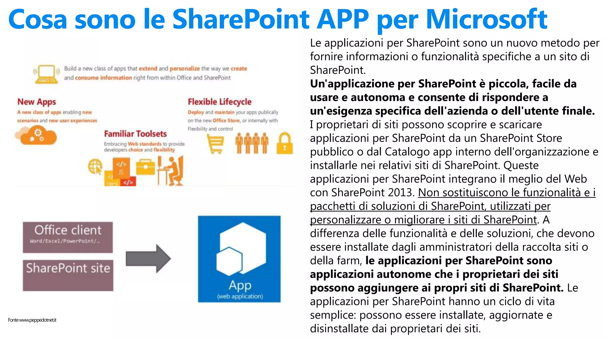 Cosa sono le SharePoint APP per Microsoft
Le applicazioni per SharePoint sono un nuovo metodo per
fornire informazioni o funzionalità specifiche a un sito di
SharePoint.
Un'applicazione per SharePoint è piccola, facile da
usare e autonoma e consente di rispondere a
un'esigenza specifica dell'azienda o dell'utente finale.
I proprietari di siti possono scoprire e scaricare
applicazioni per SharePoint da un SharePoint Store
pubblico o dal Catalogo app interno dell'organizzazione e
installarle nei relativi siti di SharePoint. Queste
applicazioni per SharePoint integrano il meglio del Web
con SharePoint 2013. Non sostituiscono le funzionalità e i
pacchetti di soluzioni di SharePoint, utilizzati per
personalizzare o migliorare i siti di SharePoint. A
differenza delle funzionalità e delle soluzioni, che devono
essere installate dagli amministratori della raccolta siti o
della farm, le applicazioni per SharePoint sono
applicazioni autonome che i proprietari dei siti
possono aggiungere ai propri siti di SharePoint. Le
applicazioni per SharePoint hanno un ciclo di vita
semplice: possono essere installate, aggiornate e
disinstallate dai proprietari dei siti.
Fontewww.peppedotnet.it
 