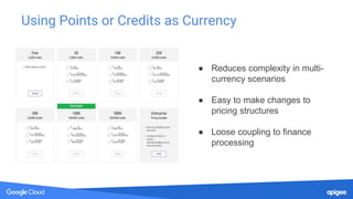 Using Points or Credits as Currency
● Reduces complexity in multi-
currency scenarios
● Easy to make changes to
pricing structures
● Loose coupling to finance
processing
 