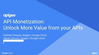 API Monetization:
Unlock More Value from your APIs
Sarthak Ganguly, Apigee | Google Cloud
Harsh Chevuru, Apigee | Google Cloud
 
