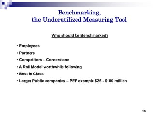 10
Benchmarking,
the Underutilized Measuring Tool
10
Who should be Benchmarked?
• Employees
• Partners
• Competitors – Cornerstone
• A Roll Model worthwhile following
• Best in Class
• Larger Public companies – PEP example $25 - $100 million
 
