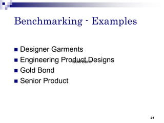 Benchmarking - Examples
 Designer Garments
 Engineering Product Designs
 Gold Bond
 Senior Product
21
Gold Bond
 