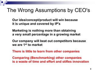 3
The Wrong Assumptions by CEO's
Our idea/concept/product will win because
it is unique and covered by IP's
Marketing is nothing more than obtaining
a very small percentage in a growing market
Our company will beat out competitors because
we are 1st to market
There is little to learn from other companies
Comparing (Benchmarking) other companies
is a waste of time and effort and stifles innovation
 