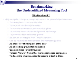 9
Benchmarking,
the Underutilized Measuring Tool
9
Why Benchmark?
• Gap analysis - compare company's actual vs. potential performance
• To strengthen core competencies
• To improve business processes
• To achieve incremental performance gains
• To achieve a sustainable competitive advantage
• To provide a foundation for growth
• As part of a Strategic Plan - SWOT analysis
• Can be foundation for business and marketing plans
• As a tool for "Thinking out of the box"
• As a breeding ground for innovation
• Quantum leaps (breakthroughs)
• To learn "how to" from other more experienced companies
• To determine what is needed to become a Best In Class
 