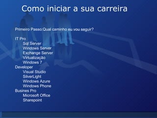Como iniciar a sua carreira Primeiro Passo:Qual caminho eu vou seguir? IT Pro Sql Server Windows Server Exchange Server Virtualização Windows 7 Developer Visual Studio SilverLight Windows Azure Windows Phone Busines Pro Microsoft Office Sharepoint 