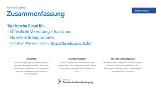 Zusammenfassung
Touristische Cloud für …
- Öffentliche Verwaltung / Tourismus
- Hotellerie & Gastronomie
- Solution-Partner (siehe http://developer.et4.de)
Microsoft CityNext
 