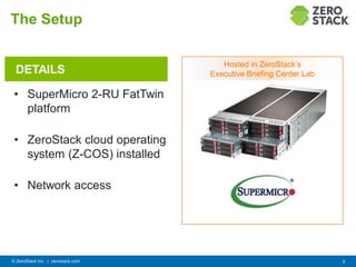 The Setup
• SuperMicro 2-RU FatTwin
platform
• ZeroStack cloud operating
system (Z-COS) installed
• Network access
© ZeroStack Inc. | zerostack.com 3
DETAILS
Hosted in ZeroStack’s
Executive Briefing Center Lab