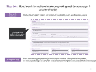 12
Stap één: Houd een informatieve intakebespreking met de aanvrager /
vacaturehouder
Hoe je dit
realiseert
Je volgende stap
Stel weloverwogen vragen en verzamel voorbeelden van goede presteerders
Plan een vervolggesprek om je bevindingen rond de talentpool te bespreken,
de wervingsstrategie te verfijnen en overeenstemming te bereiken over het uitvoeringspla
Gebruik een
intakeformulier!
 