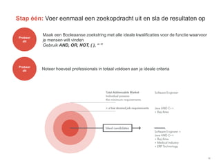 16
Stap één: Voer eenmaal een zoekopdracht uit en sla de resultaten op
Probeer
dit
Maak een Booleaanse zoekstring met alle ideale kwalificaties voor de functie waarvoor
je mensen wilt vinden
Gebruik AND, OR, NOT, ( ), “ ”
Probeer
dit Noteer hoeveel professionals in totaal voldoen aan je ideale criteria
 