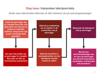 Zoek naar talentvolle referrals in het netwerk van je wervingsmanager
22
Stap twee: Interpreteer talentpool-data
Vertel de aanvrager dat
je LinkedIn Recruiter wilt
gebruiken om mensen te
zoeken in zijn/haar
netwerk. Zorg ervoor dat
je een connectie hebt
gemaakt!
Ga naar het profiel van
je aanvrager in LinkedIn
Recruiter en klik op
Connections (contacten)
Gebruik je zoekstring
om te zoeken in de
connecties van je
aanvrager
Gebruik inzichten in
zoekopdrachten om de
talentpool visueel
samen te vatten
Bespreek de talentpool
met je aanvrager
Beveel een
berichtenstrategie aan
en toon de aanvrager
een bericht waarmee je
kandidaten rechtstreeks
wilt benaderen
 