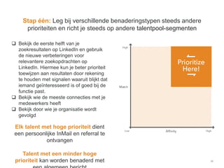 26
Stap één: Leg bij verschillende benaderingstypen steeds andere
prioriteiten en richt je steeds op andere talentpool-segmenten
 Bekijk de eerste helft van je
zoekresultaten op LinkedIn en gebruik
de nieuwe verbeteringen voor
relevantere zoekopdrachten op
LinkedIn. Hiermee kun je beter prioriteit
toewijzen aan resultaten door rekening
te houden met signalen waaruit blijkt dat
iemand geïnteresseerd is of goed bij de
functie past.
 Bekijk wie de meeste connecties met je
medewerkers heeft
 Bekijk door wie je organisatie wordt
gevolgd
Elk talent met hoge prioriteit dient
een persoonlijke InMail en referral te
ontvangen
Talent met een minder hoge
prioriteit kan worden benaderd met
 