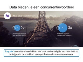7
Data bieden je een concurrentievoordeel
​2 op de 3 recruiters beschikken niet over de benodigde tools om inzicht
te krijgen in de markt en talentpool waaruit ze mensen werven
 